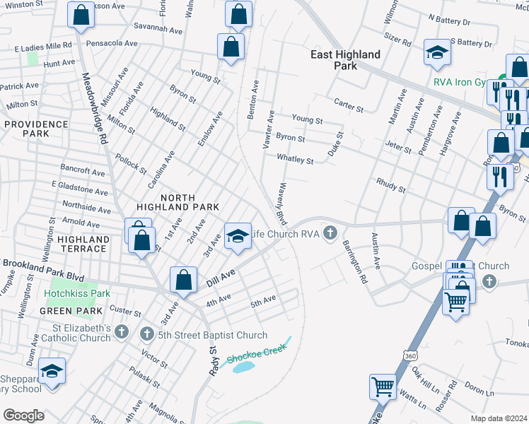 map of restaurants, bars, coffee shops, grocery stores, and more near 1504 Milton Street in Richmond