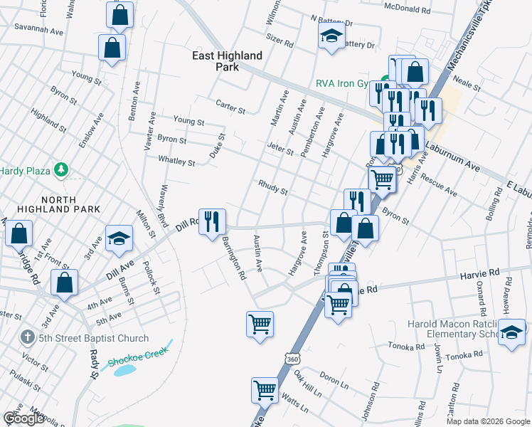 map of restaurants, bars, coffee shops, grocery stores, and more near 3802 Dill Road in Richmond