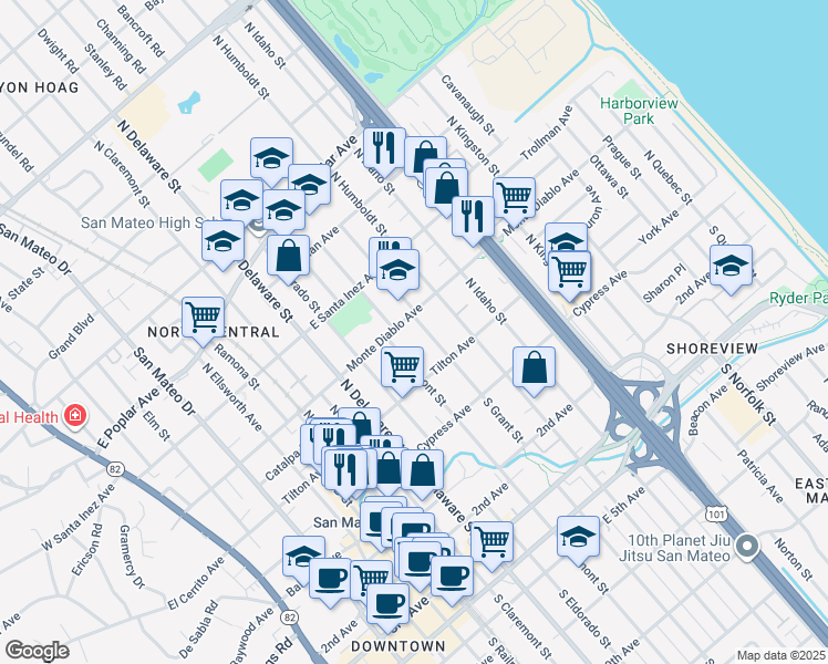 map of restaurants, bars, coffee shops, grocery stores, and more near 148 North Fremont Street in San Mateo