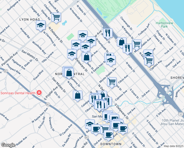 map of restaurants, bars, coffee shops, grocery stores, and more near 244 North Delaware Street in San Mateo