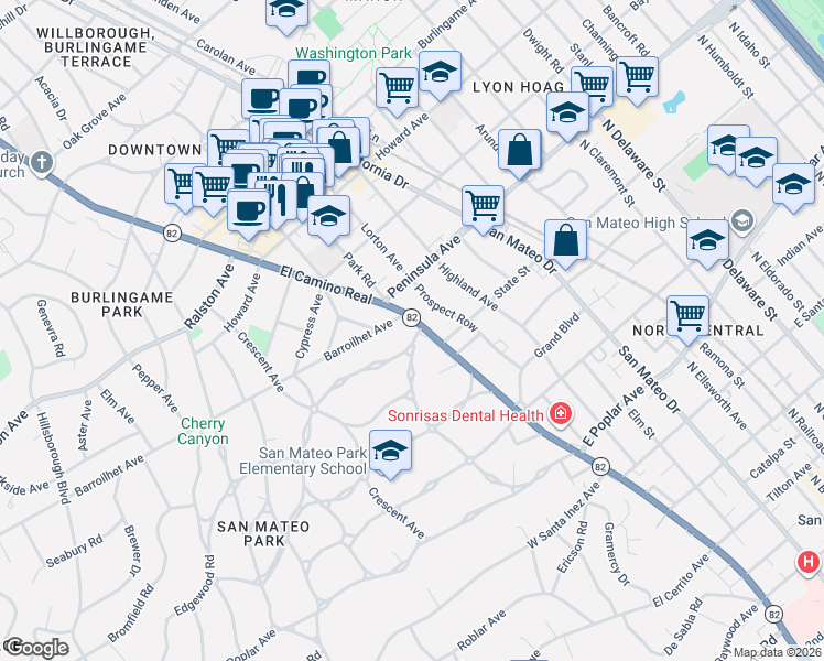map of restaurants, bars, coffee shops, grocery stores, and more near 821 North El Camino Real in San Mateo
