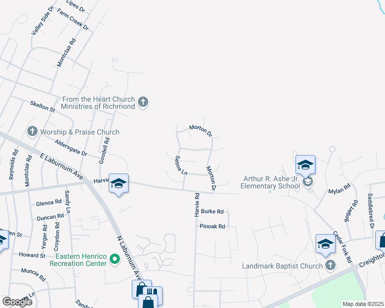 map of restaurants, bars, coffee shops, grocery stores, and more near 3420 Logan Hill Place in Richmond