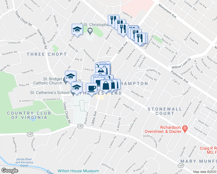 map of restaurants, bars, coffee shops, grocery stores, and more near 5702 Grove Avenue in Richmond