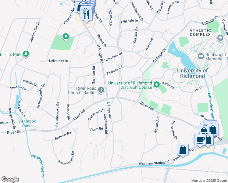map of restaurants, bars, coffee shops, grocery stores, and more near 2 Westham Parkway in Richmond