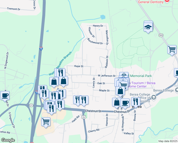 map of restaurants, bars, coffee shops, grocery stores, and more near 624 West Jefferson Street in Berea