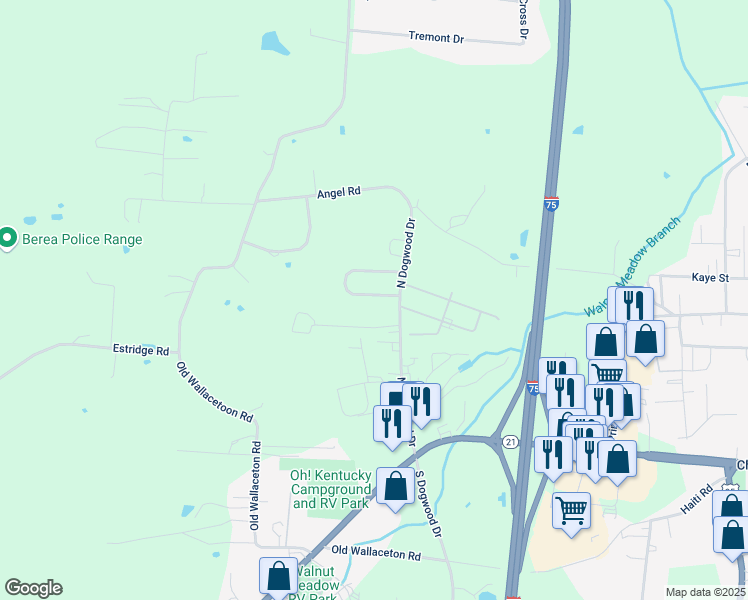 map of restaurants, bars, coffee shops, grocery stores, and more near 105 Commerce Drive in Berea
