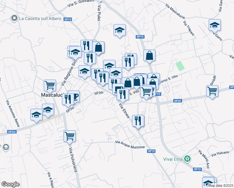 map of restaurants, bars, coffee shops, grocery stores, and more near 117 Via Etnea in Mascalucia