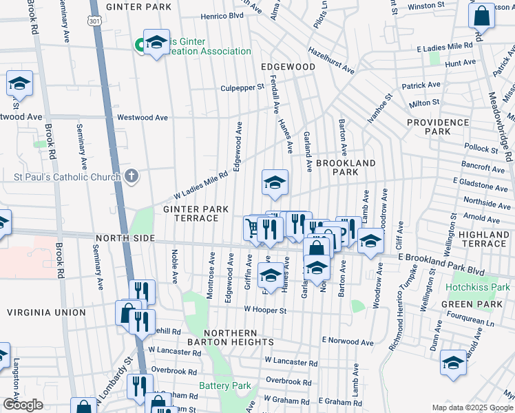 map of restaurants, bars, coffee shops, grocery stores, and more near 3107 Griffin Avenue in Richmond