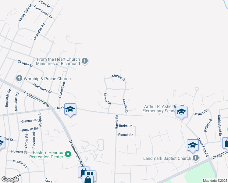 map of restaurants, bars, coffee shops, grocery stores, and more near 3420 Logan Hill Place in Richmond