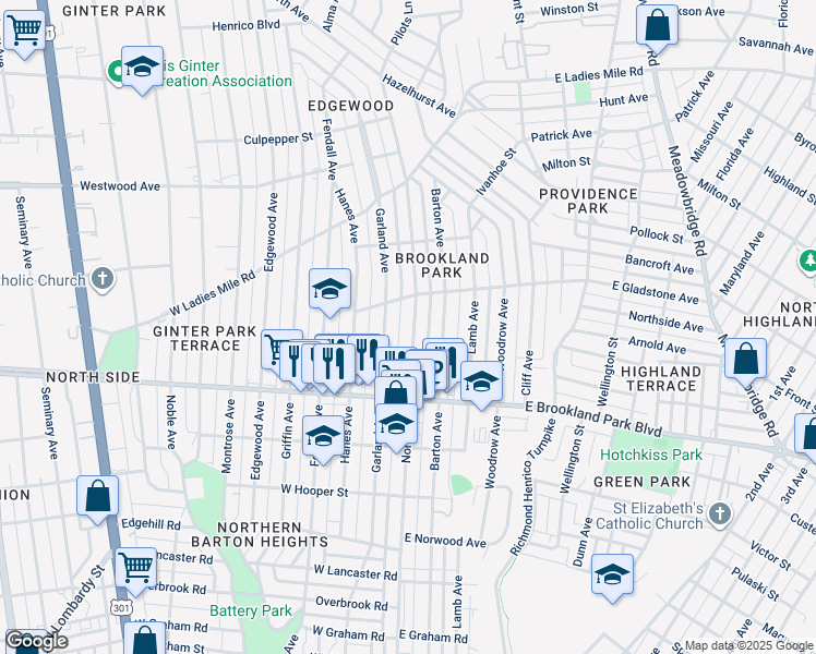 map of restaurants, bars, coffee shops, grocery stores, and more near 3112 North Avenue in Richmond