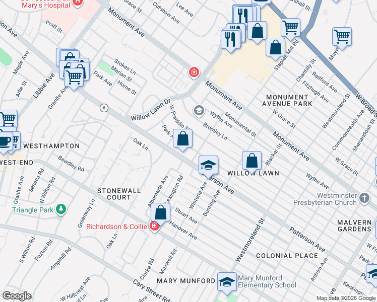 map of restaurants, bars, coffee shops, grocery stores, and more near 5012 Virginia 6 in Richmond