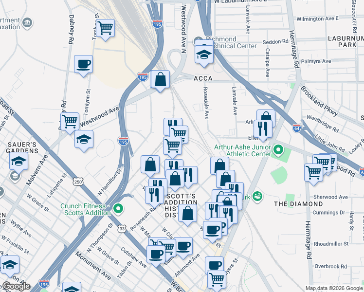 map of restaurants, bars, coffee shops, grocery stores, and more near 3413 Carlton St in Richmond