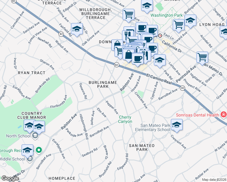 map of restaurants, bars, coffee shops, grocery stores, and more near 310 Chapin Lane in Burlingame