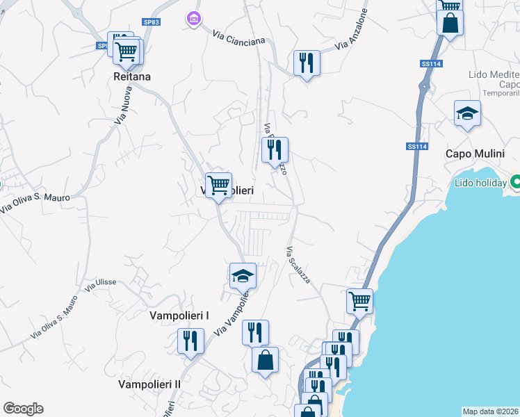 map of restaurants, bars, coffee shops, grocery stores, and more near 12 Via Principi Riggio in Vampolieri