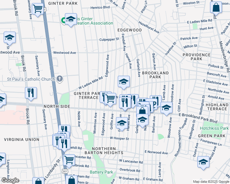 map of restaurants, bars, coffee shops, grocery stores, and more near 3107 Griffin Avenue in Richmond