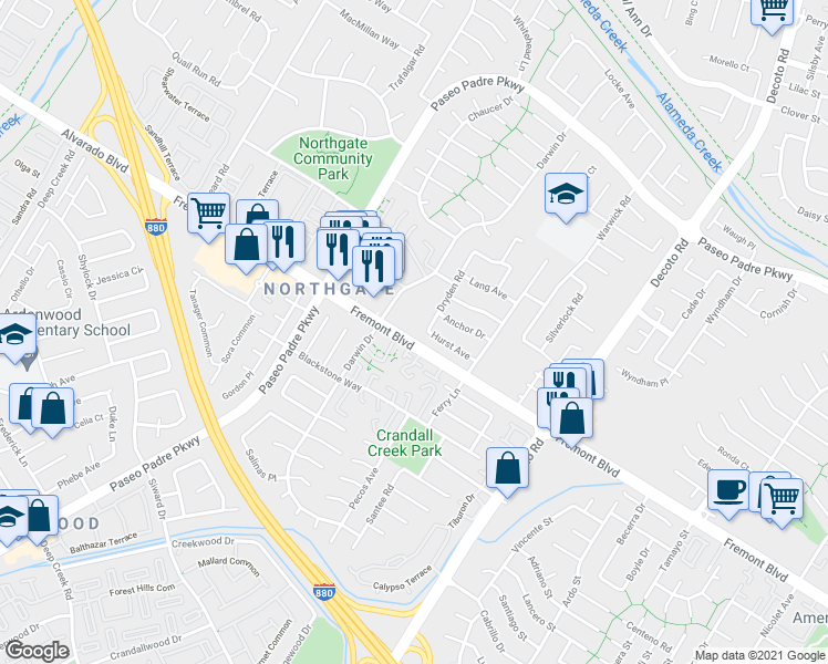 map of restaurants, bars, coffee shops, grocery stores, and more near 34565 Hurst Avenue in Fremont