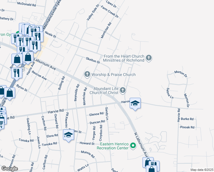 map of restaurants, bars, coffee shops, grocery stores, and more near 3203 Aldersgate Drive in Richmond