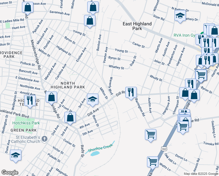 map of restaurants, bars, coffee shops, grocery stores, and more near 3311 Waverly Boulevard in Richmond