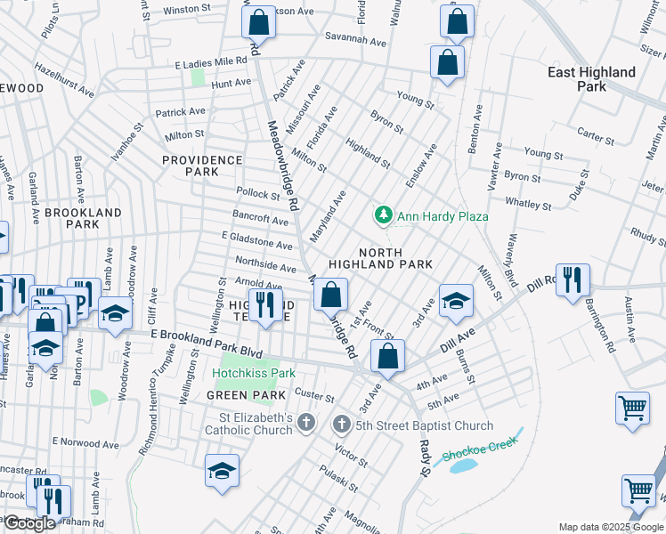 map of restaurants, bars, coffee shops, grocery stores, and more near 3117 Carolina Avenue in Richmond
