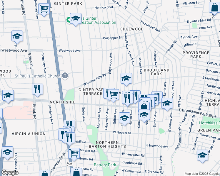 map of restaurants, bars, coffee shops, grocery stores, and more near 3107 Edgewood Avenue in Richmond