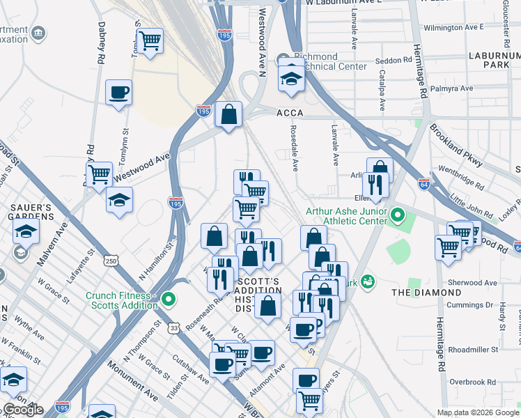 map of restaurants, bars, coffee shops, grocery stores, and more near 3413 Carlton St in Richmond