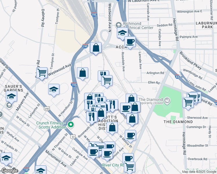 map of restaurants, bars, coffee shops, grocery stores, and more near 3413 Carlton St in Richmond