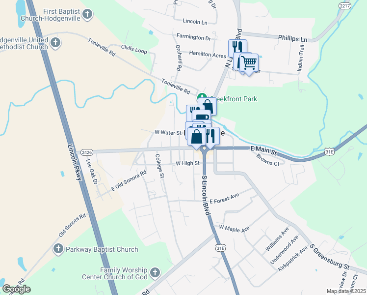 map of restaurants, bars, coffee shops, grocery stores, and more near 102 South Walters Avenue in Hodgenville