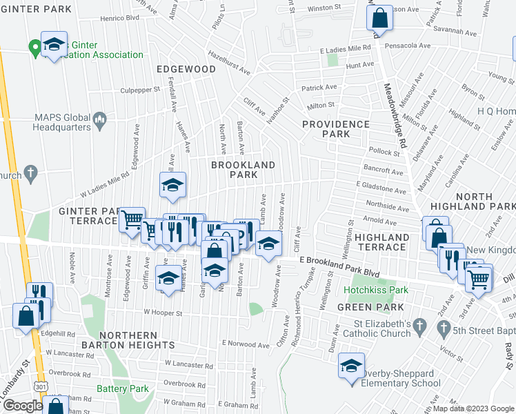map of restaurants, bars, coffee shops, grocery stores, and more near 3112 Lamb Avenue in Richmond