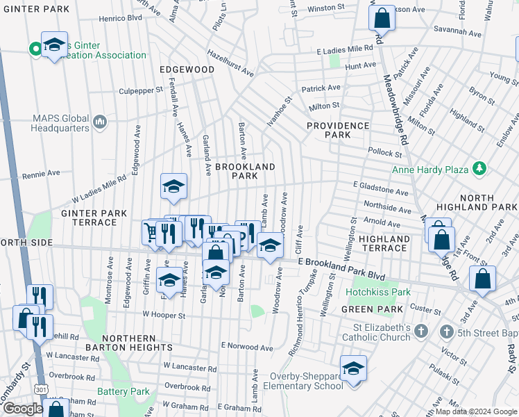 map of restaurants, bars, coffee shops, grocery stores, and more near 3112 Lamb Avenue in Richmond