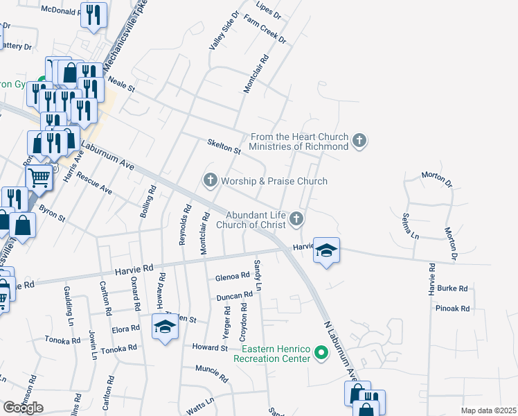 map of restaurants, bars, coffee shops, grocery stores, and more near 3203 Aldersgate Drive in Richmond