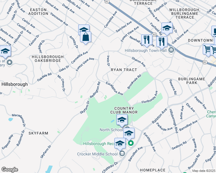 map of restaurants, bars, coffee shops, grocery stores, and more near 801 Eucalyptus Avenue in Hillsborough
