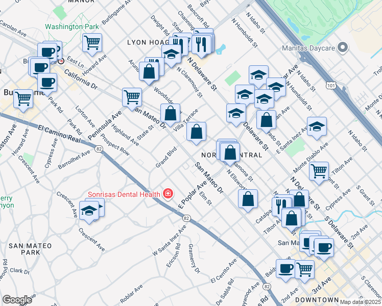map of restaurants, bars, coffee shops, grocery stores, and more near 261 East Bellevue Avenue in San Mateo