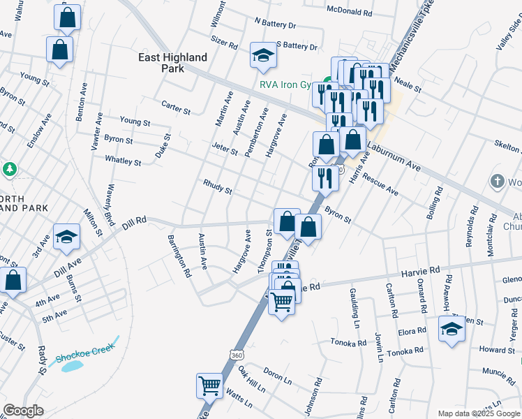 map of restaurants, bars, coffee shops, grocery stores, and more near 2107 Rhudy Street in Richmond