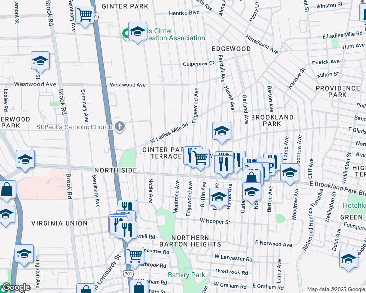 map of restaurants, bars, coffee shops, grocery stores, and more near 3029 Montrose Avenue in Richmond