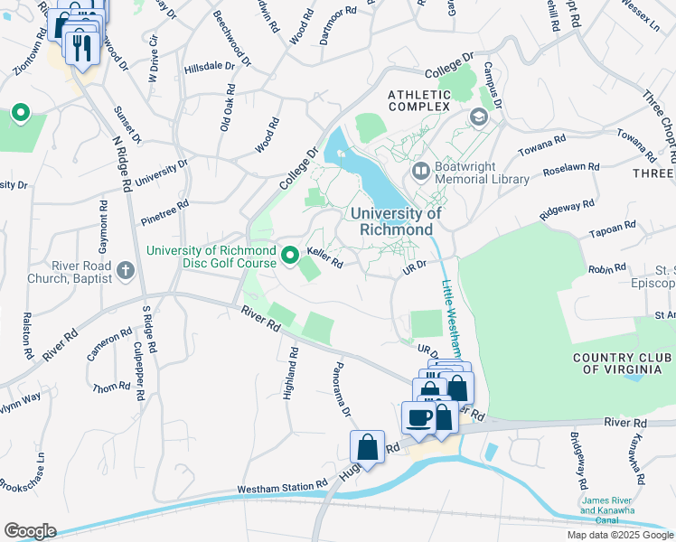 map of restaurants, bars, coffee shops, grocery stores, and more near 50 Crenshaw Way in Richmond