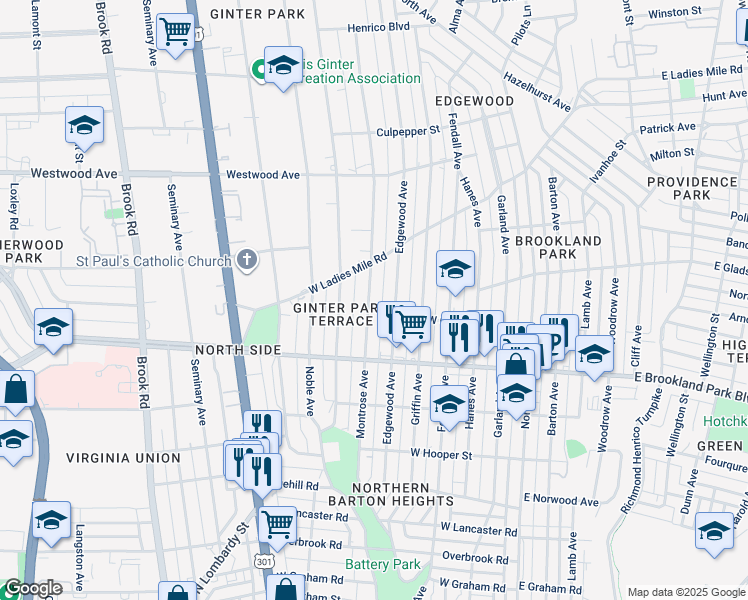 map of restaurants, bars, coffee shops, grocery stores, and more near 3029 Montrose Avenue in Richmond
