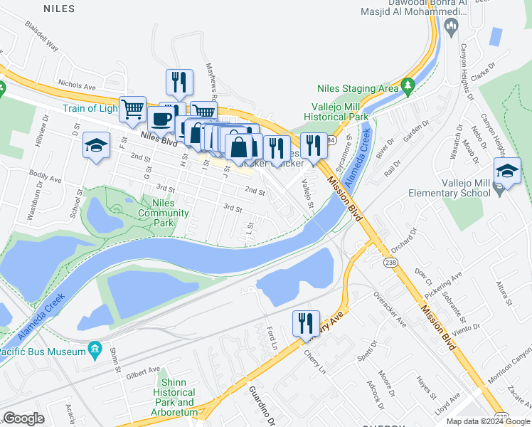 map of restaurants, bars, coffee shops, grocery stores, and more near 38072 3rd Street in Fremont