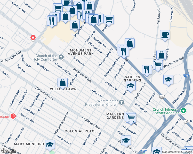 map of restaurants, bars, coffee shops, grocery stores, and more near 4503 West Grace Street in Richmond