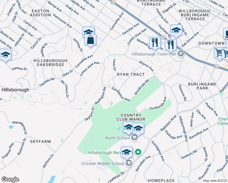 map of restaurants, bars, coffee shops, grocery stores, and more near 801 Eucalyptus Avenue in Hillsborough