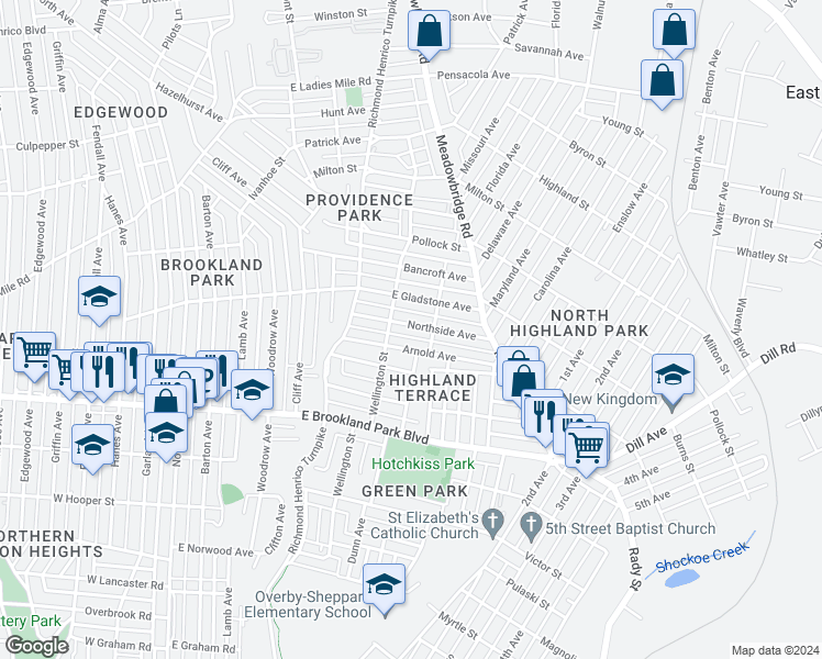 map of restaurants, bars, coffee shops, grocery stores, and more near 613 Northside Avenue in Richmond