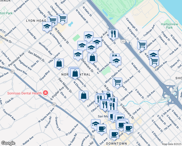map of restaurants, bars, coffee shops, grocery stores, and more near 519 East Santa Inez Avenue in San Mateo