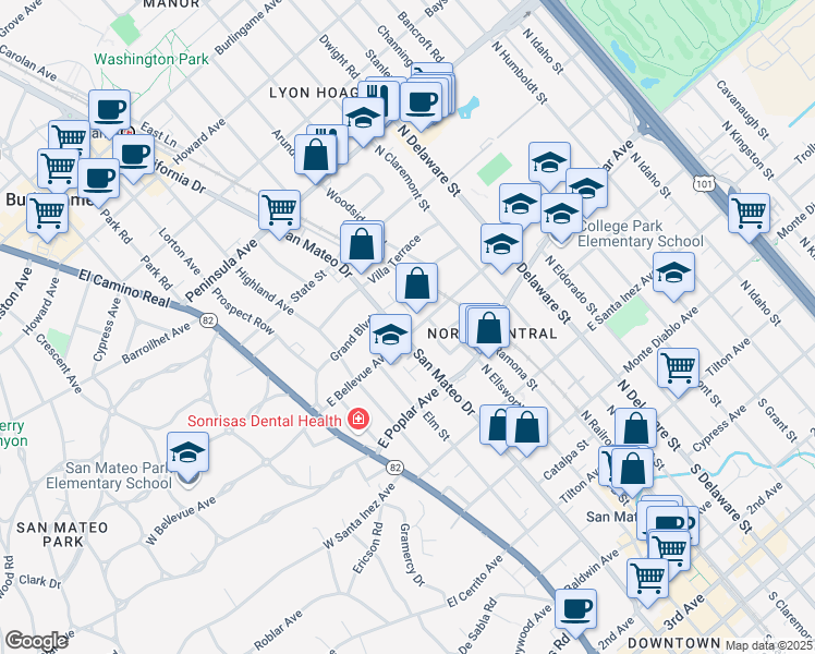 map of restaurants, bars, coffee shops, grocery stores, and more near 488 North San Mateo Drive in San Mateo