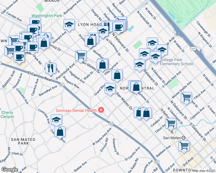 map of restaurants, bars, coffee shops, grocery stores, and more near 232 Grand Boulevard in San Mateo