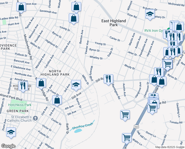 map of restaurants, bars, coffee shops, grocery stores, and more near 3311 Waverly Boulevard in Richmond