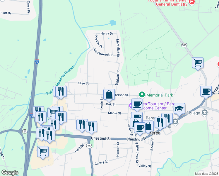 map of restaurants, bars, coffee shops, grocery stores, and more near 562 West Jefferson Street in Berea