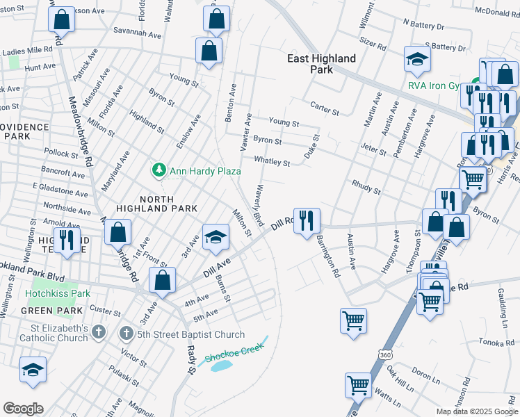 map of restaurants, bars, coffee shops, grocery stores, and more near 3311 Waverly Boulevard in Richmond