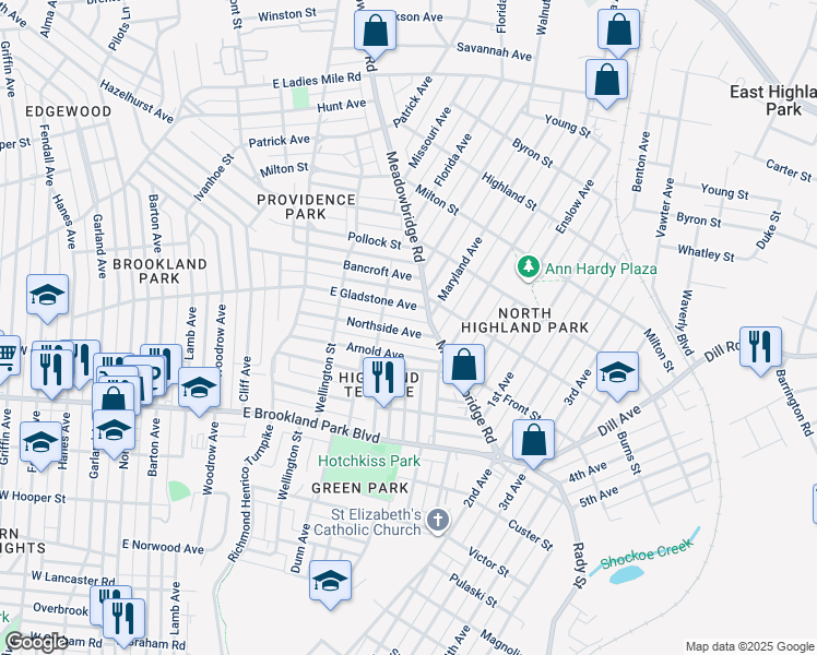 map of restaurants, bars, coffee shops, grocery stores, and more near 714 Northside Avenue in Richmond