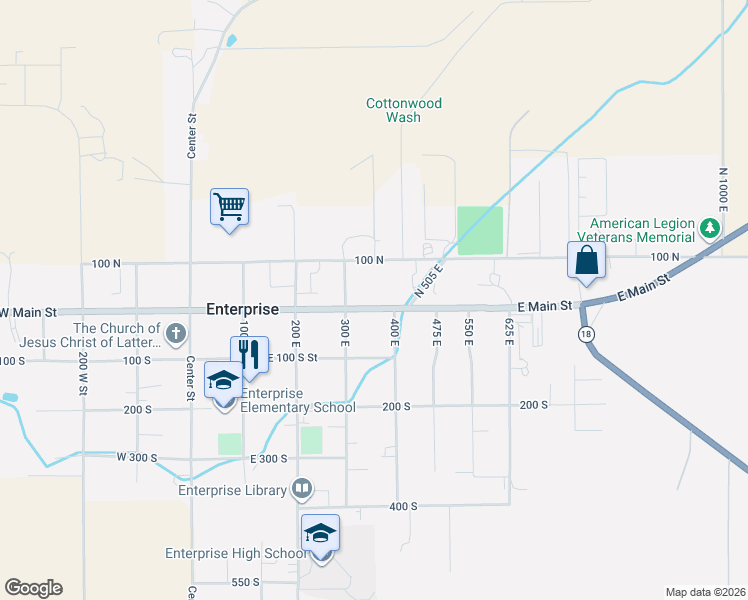 map of restaurants, bars, coffee shops, grocery stores, and more near 357 East Main Street in Enterprise