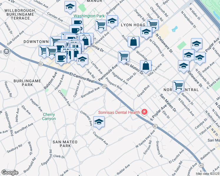 map of restaurants, bars, coffee shops, grocery stores, and more near San Mateo Drive in San Mateo