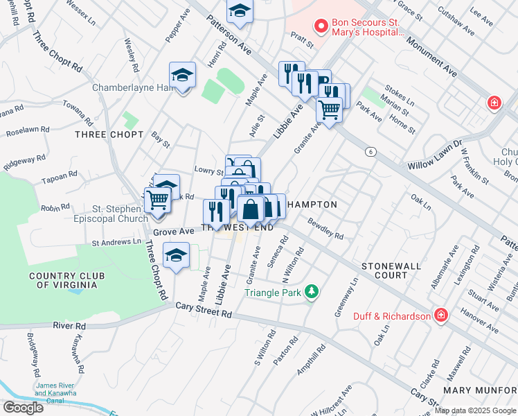 map of restaurants, bars, coffee shops, grocery stores, and more near 5702 Grove Avenue in Richmond